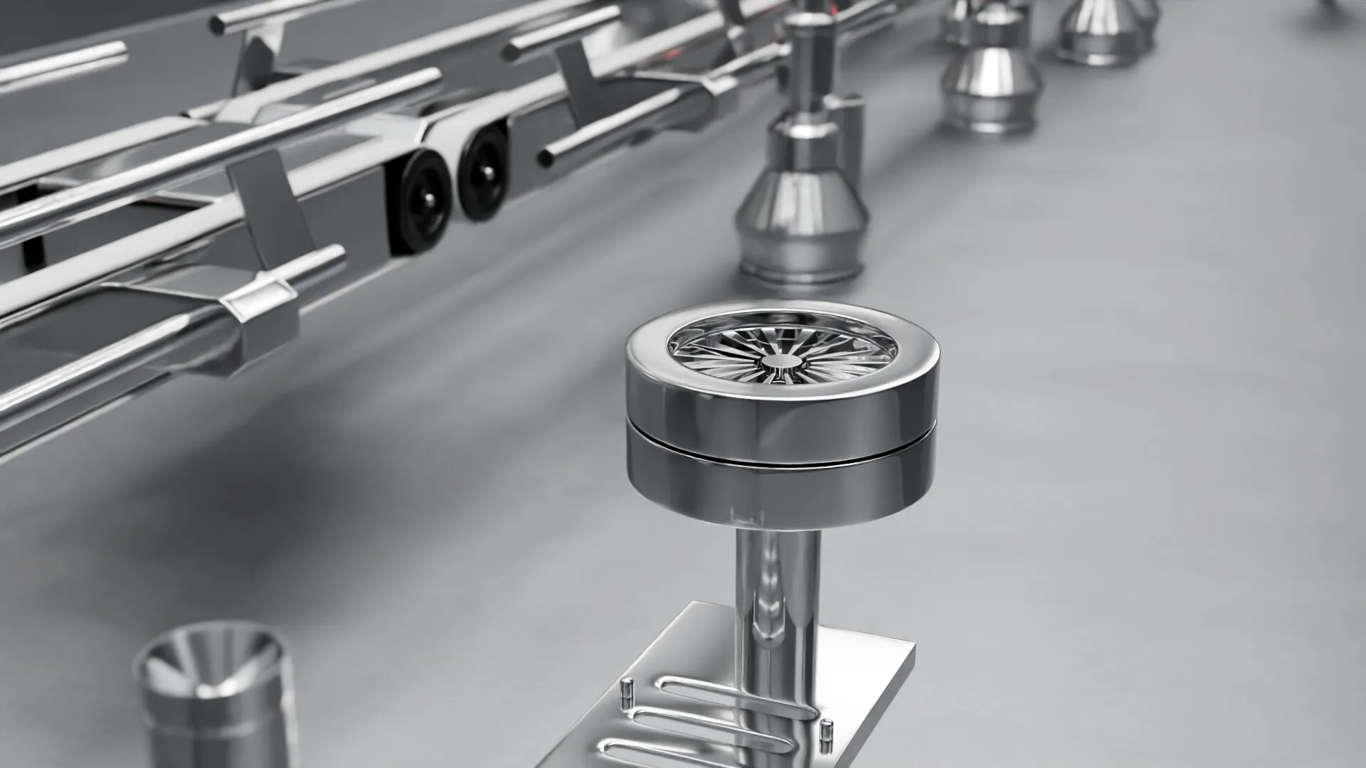 An air sampler head among stainless fittings inside the chamber