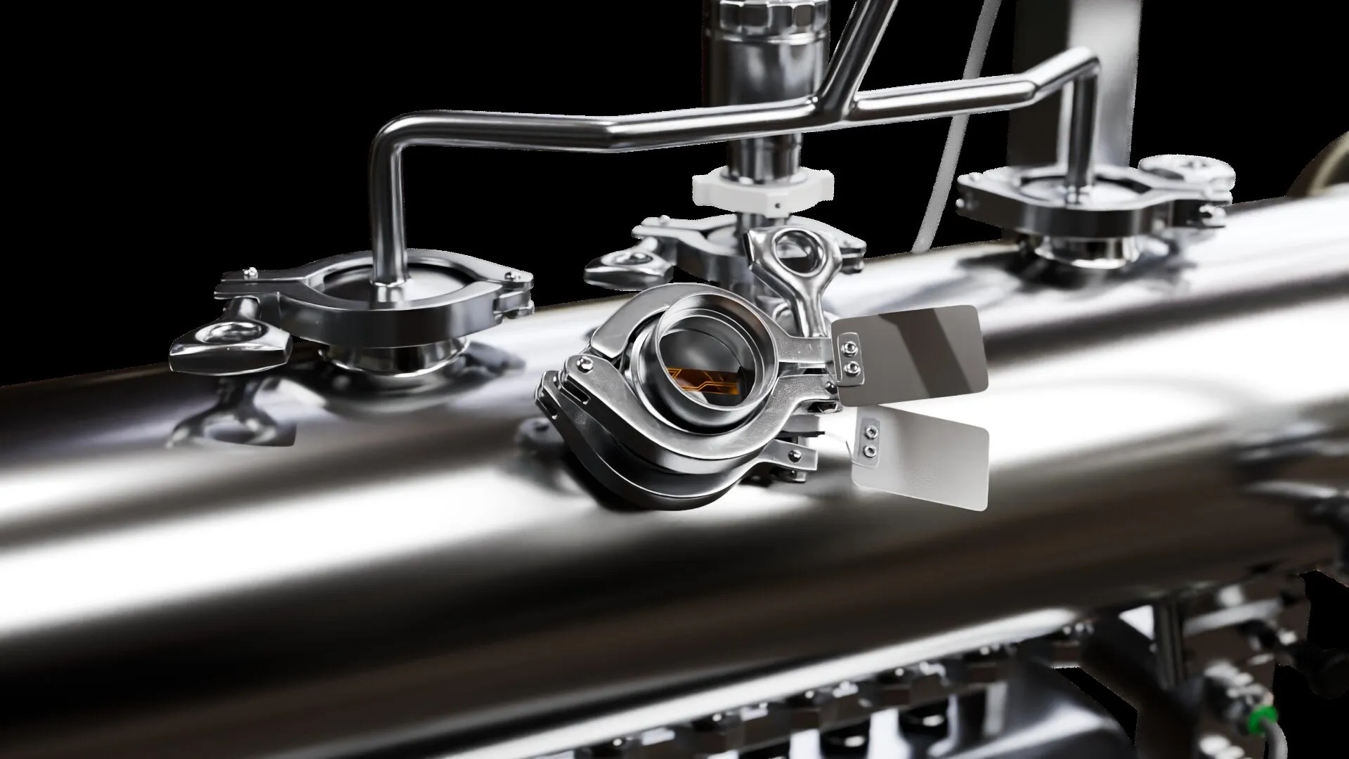 Close render of a sanitary clamp and sight glass on the tank