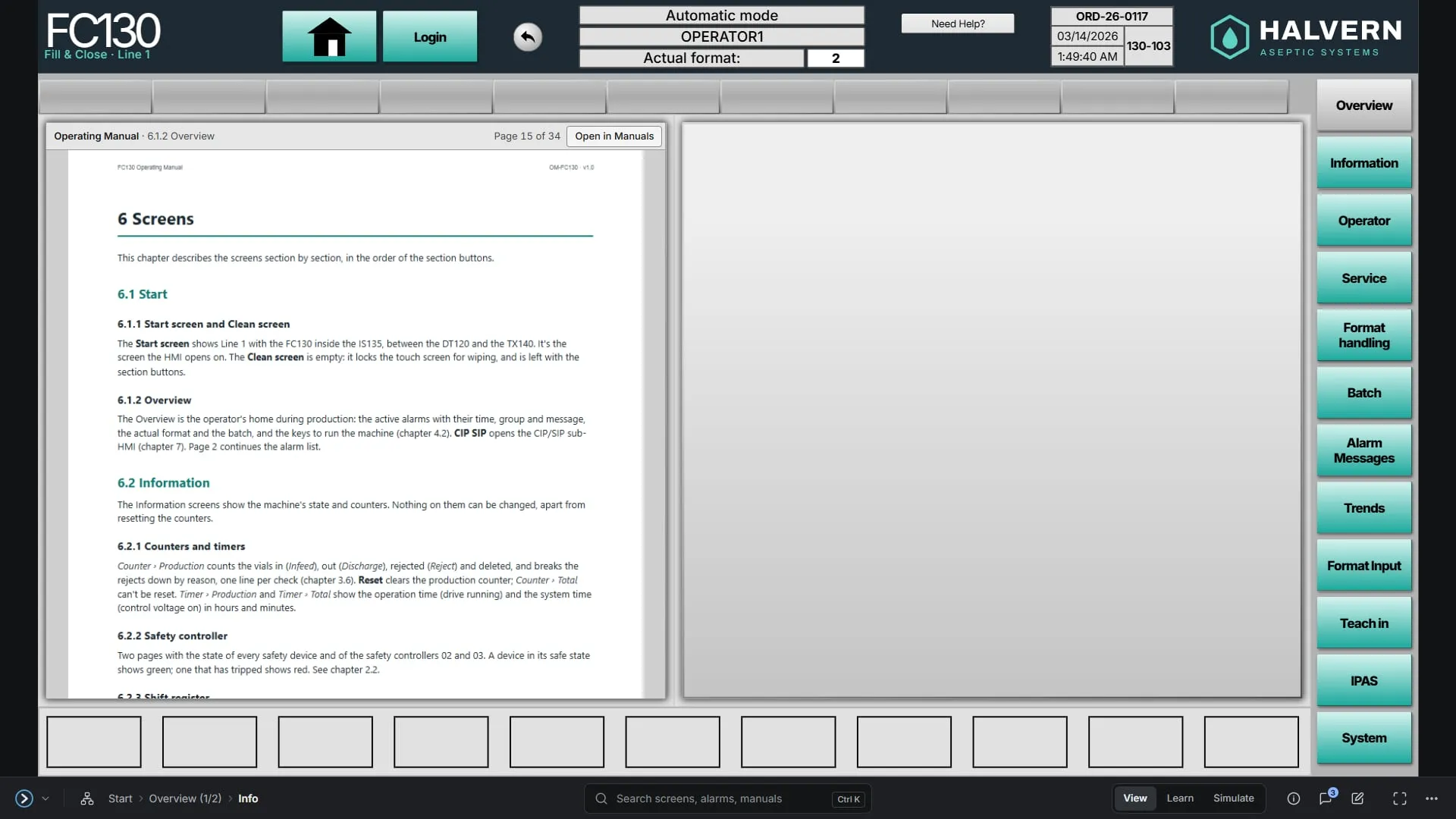 An FC130 info screen with its page of the operating manual beside it