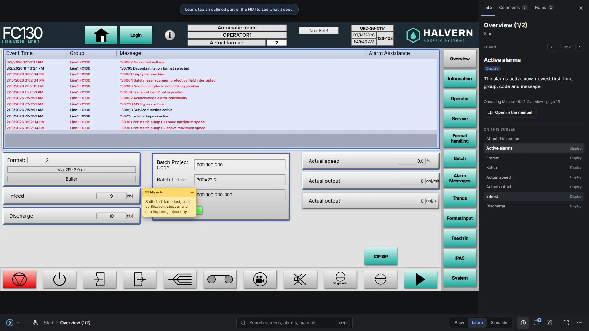 Learn mode on the FC130 overview: every part outlined, the alarm list explained in the side panel
