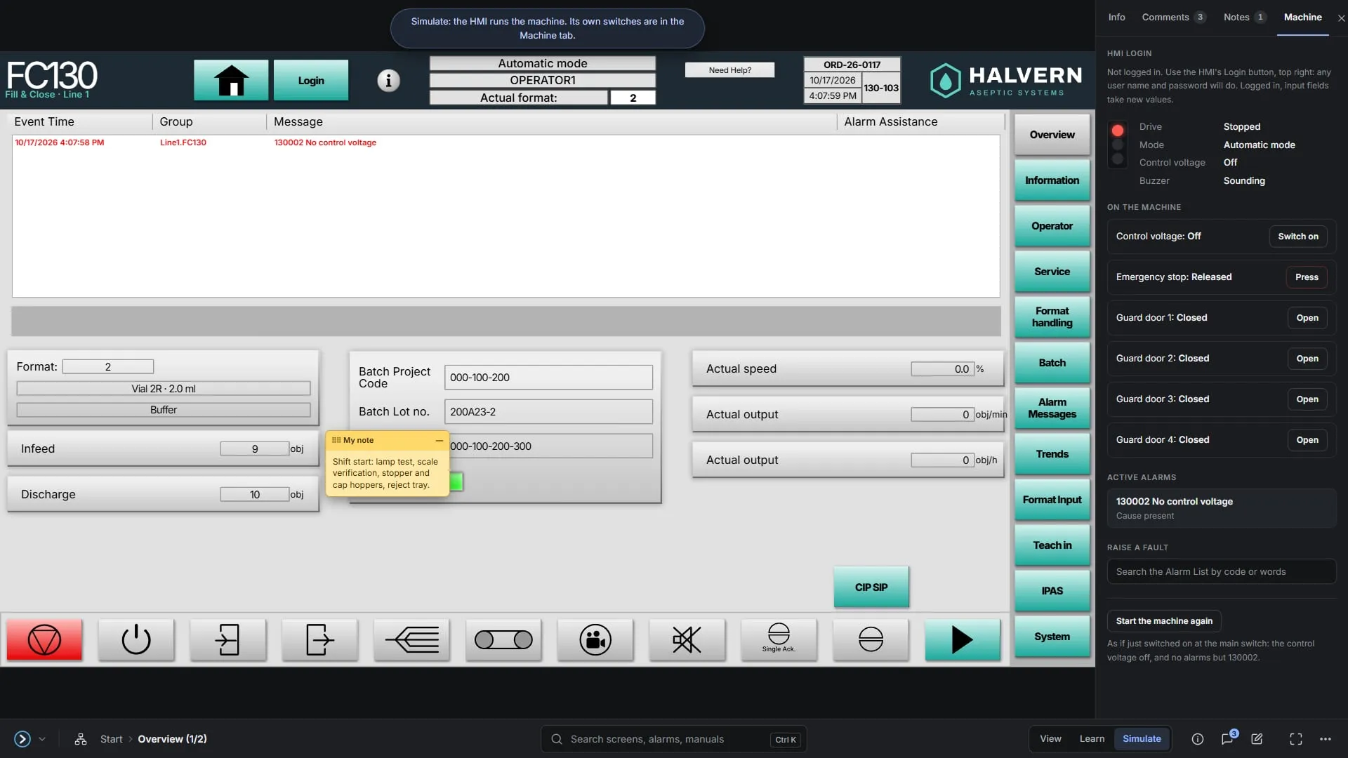 Simulate on the FC130 overview: the machine's switches, guard doors and active alarms in the side panel
