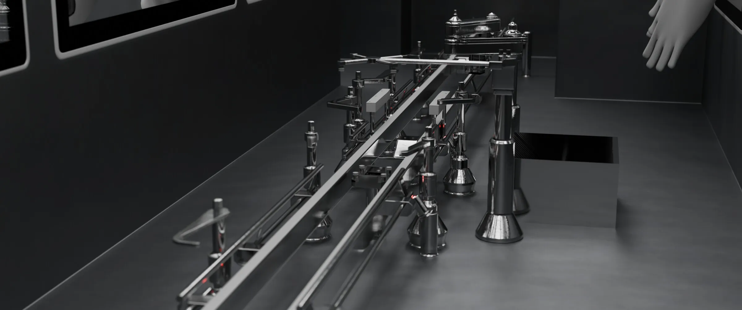Wide render of the robot’s rails and stations inside the isolator