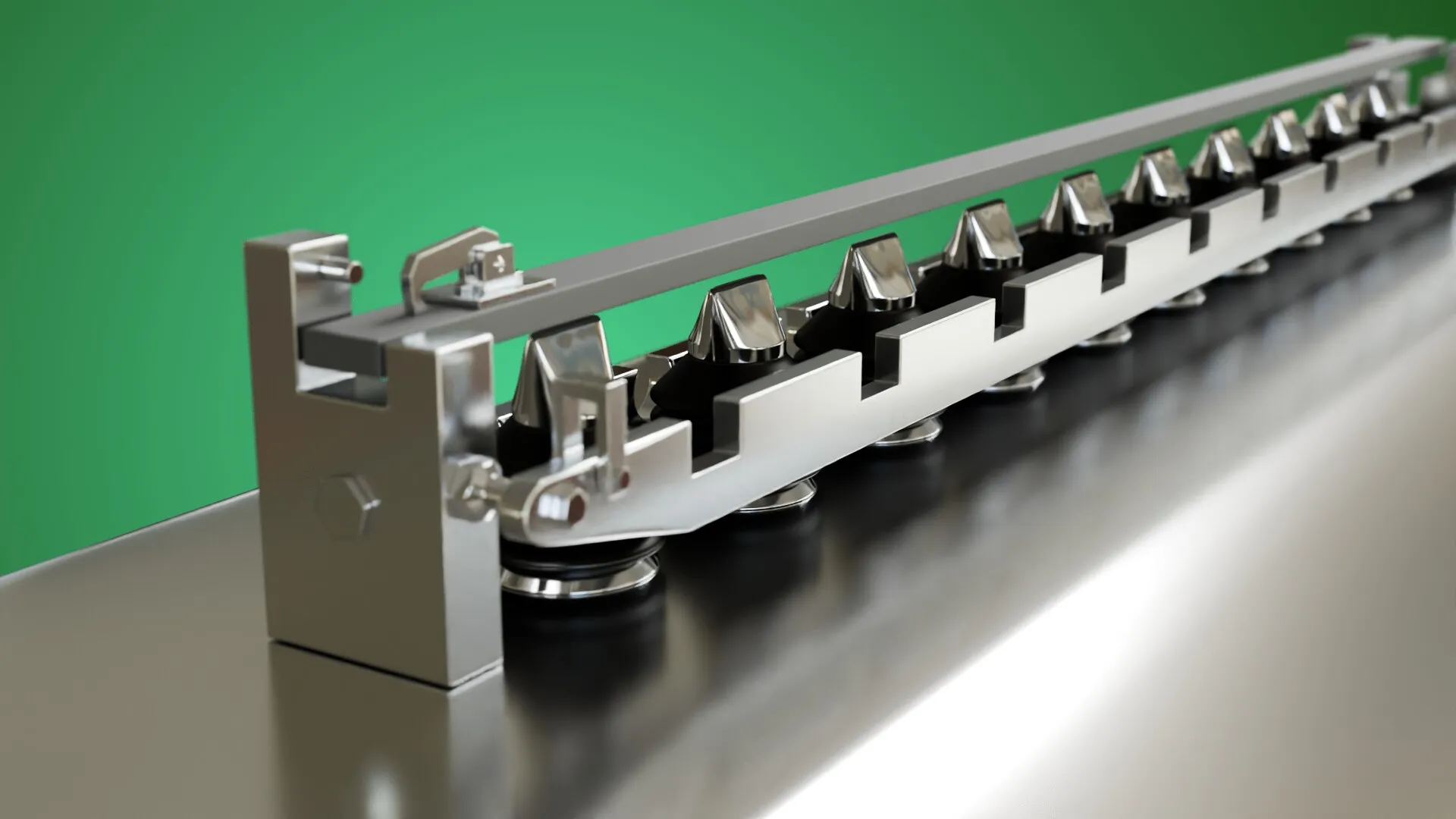 The filling manifold’s row of outlets against a green ground