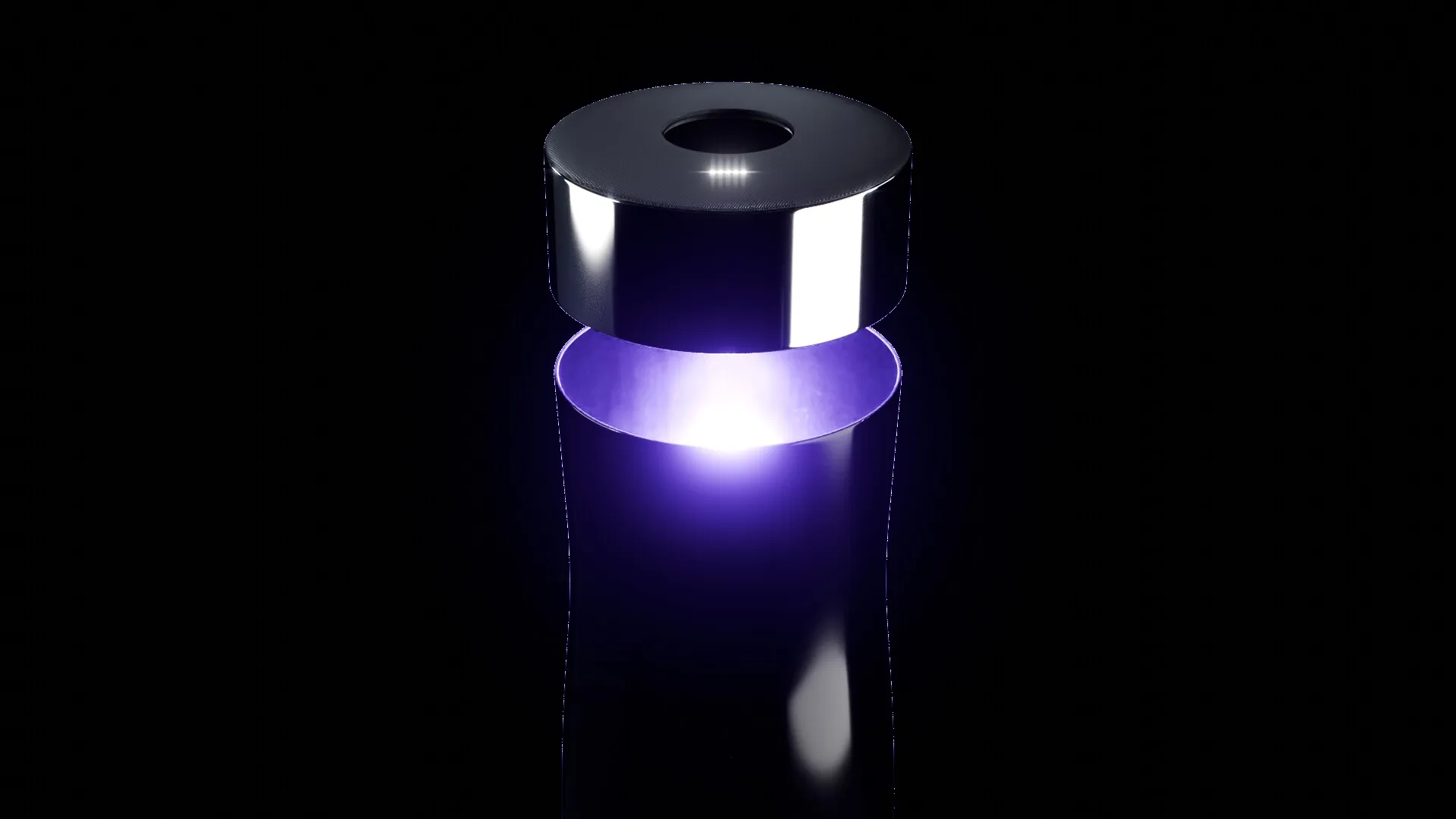 The bottle’s cap glowing violet against black