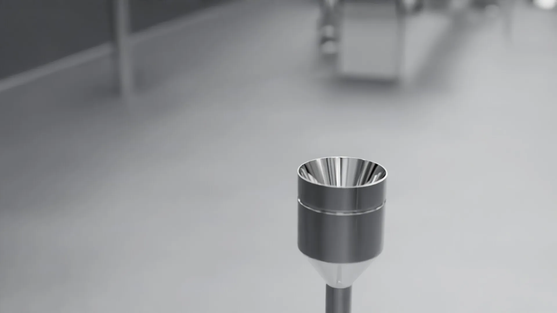 A particle counter’s funnel-shaped probe on a stand