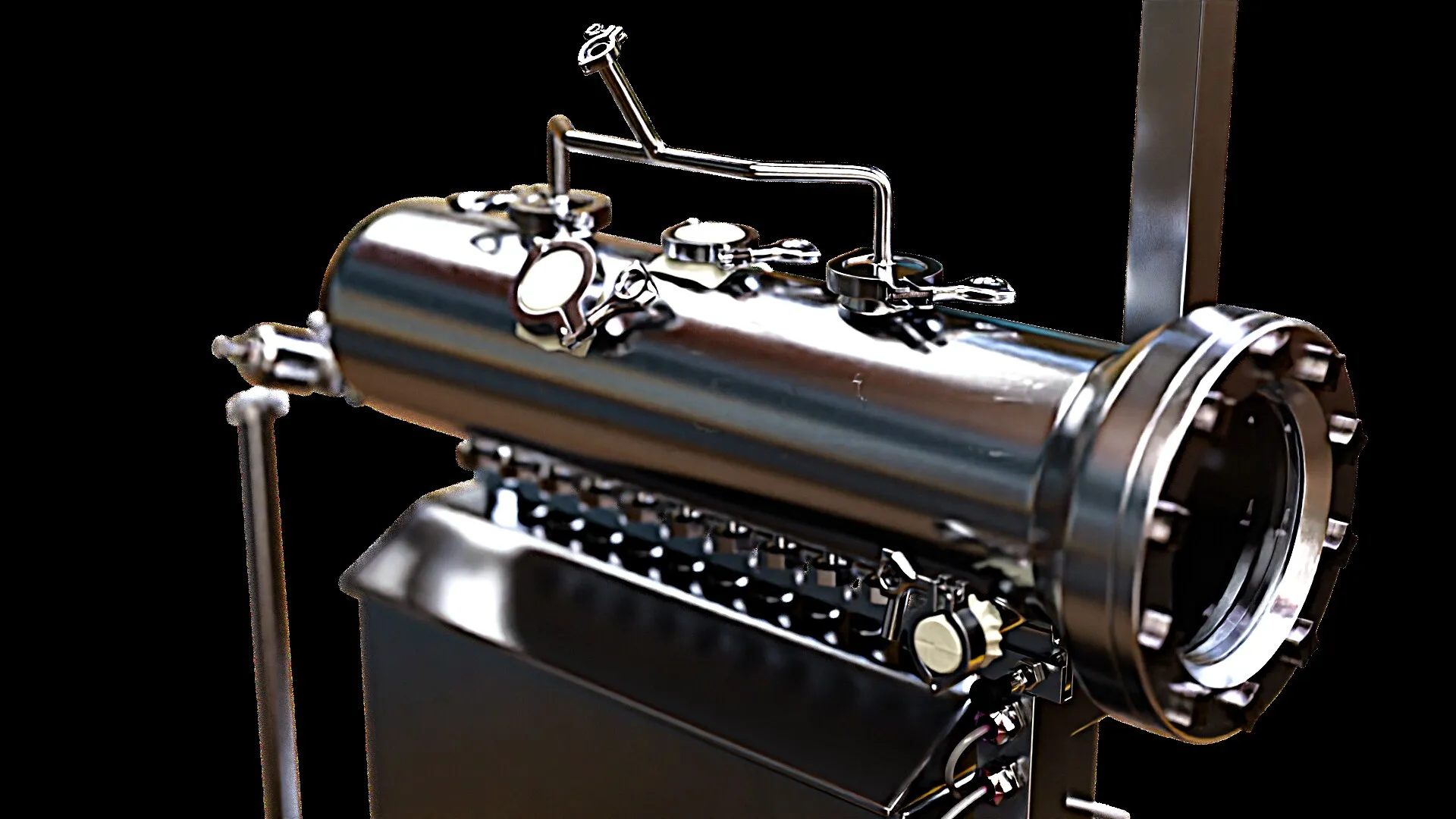 Graded pre-visualization still of the tank and manifold on a dark ground
