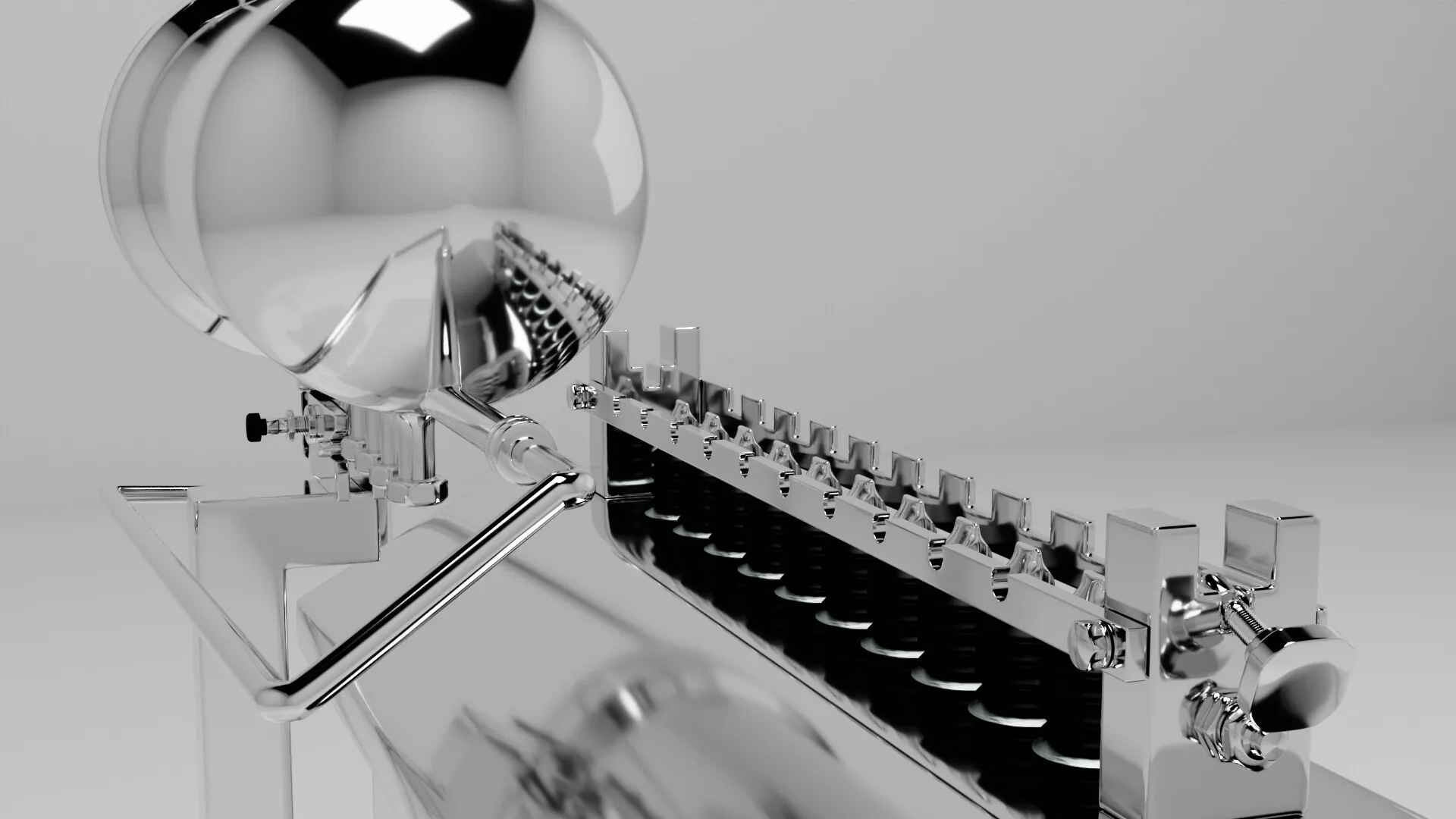 Reflective study of the tank and manifold in a white studio