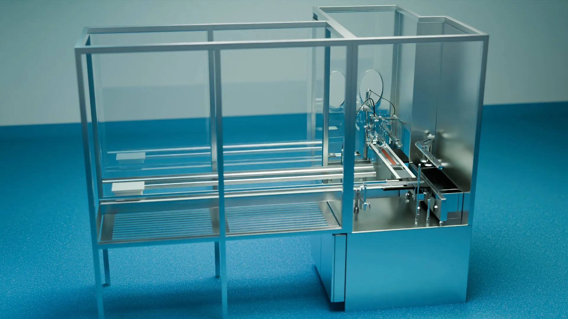The whole debagger in a blue studio, seen from the front corner