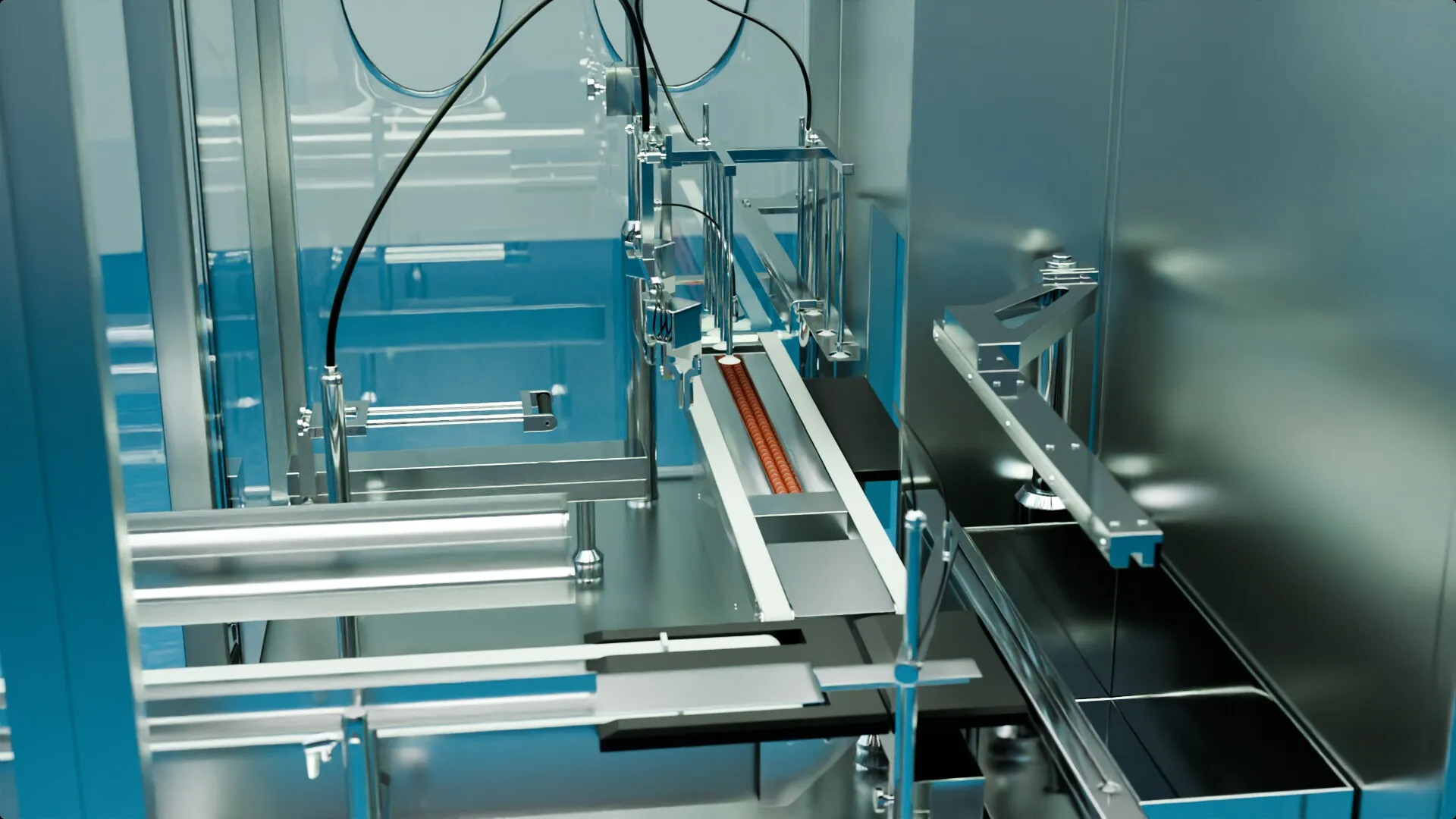 The debagger from above: frame, conveyors and transfer stations in blue light
