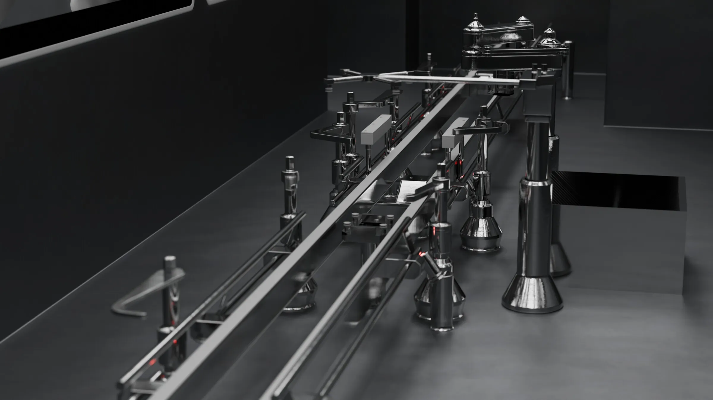 The robot’s conveyor rails in a dark studio