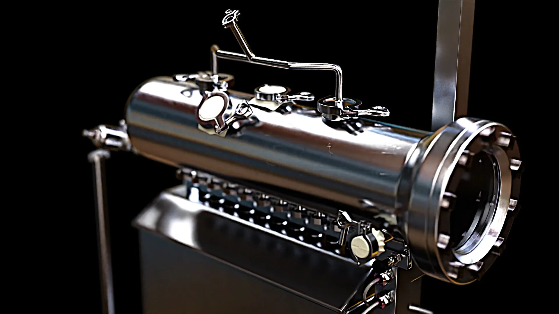 The assembled tank and manifold on black