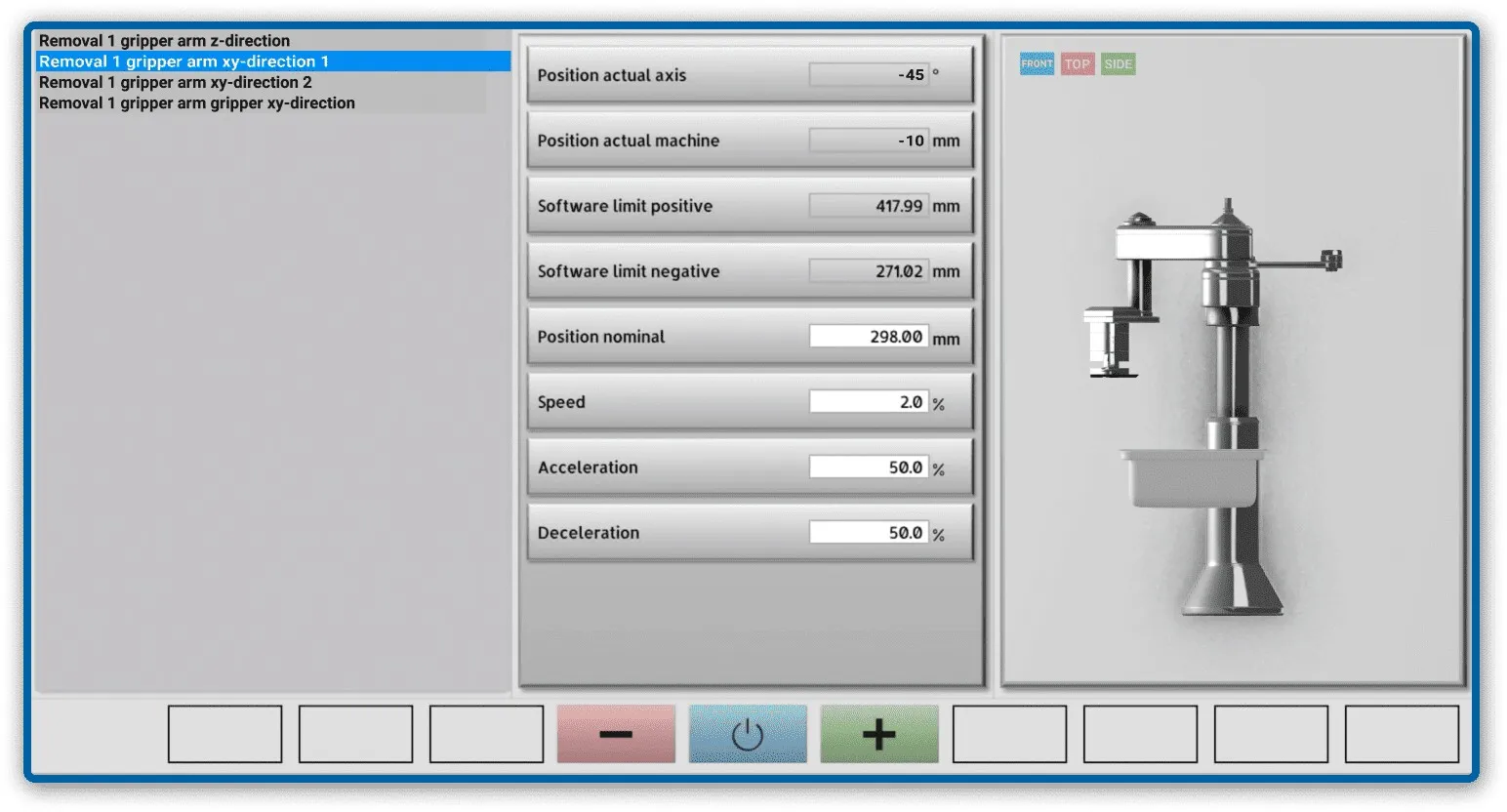 Teach-in trainer: axis positions and speeds beside a 3D view of the gripper arm