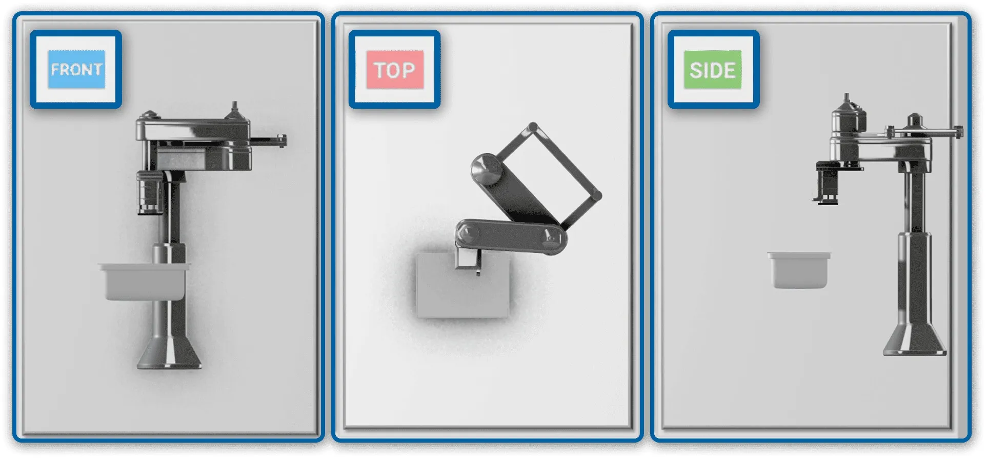 Teach-in trainer: front, top and side views of the gripper arm