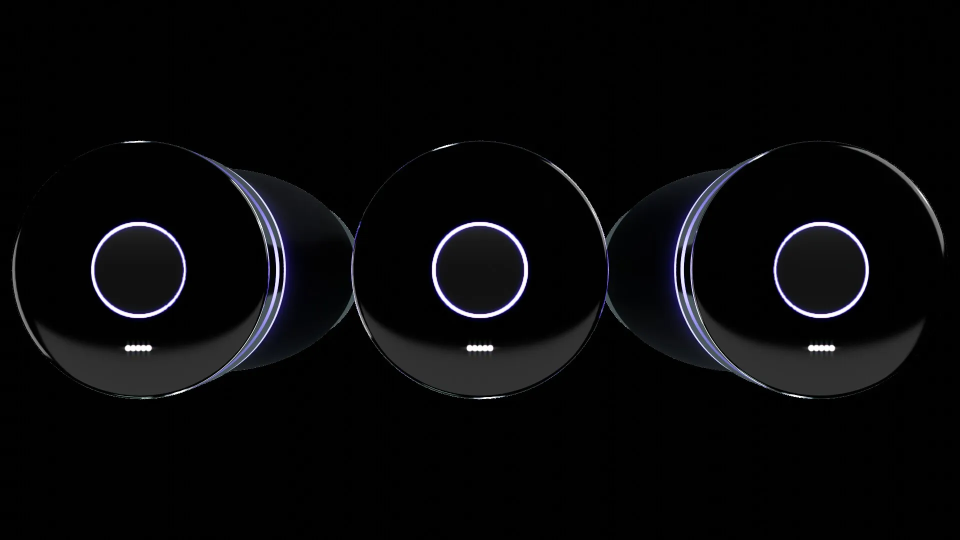 Three caps seen from above, each with a glowing ring